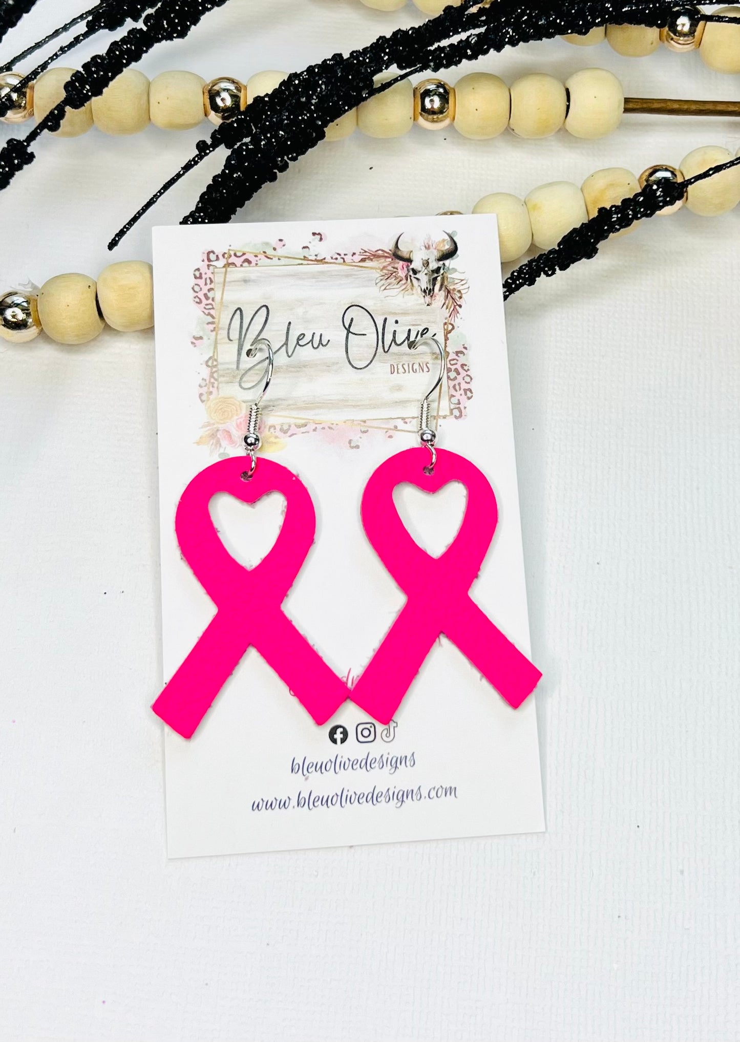 Pink Cancer Ribbon Leather Earrings š
