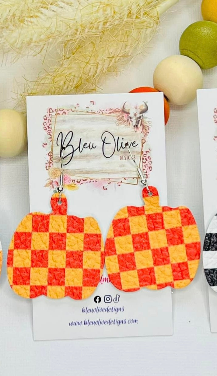 Checkerboard Pumpkin Leather Earrings π»π