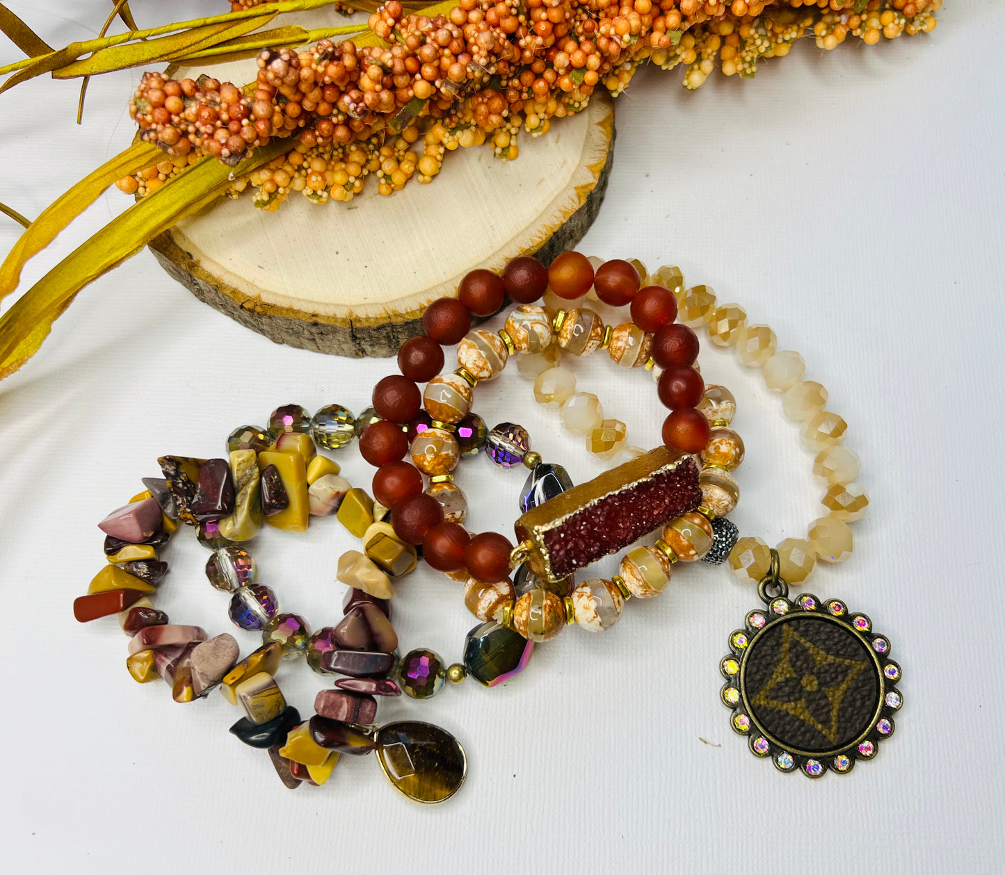 Stone Upcycled LV Stretch Bracelet Set