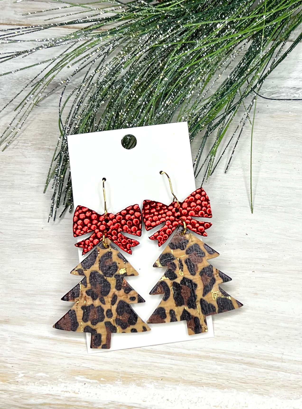 Glitz & Glam Leopard Christmas Tree Leather Earrings