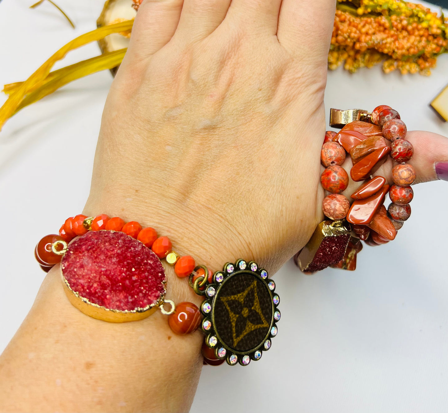 Red Upcycled LV Stretch Bracelet Set