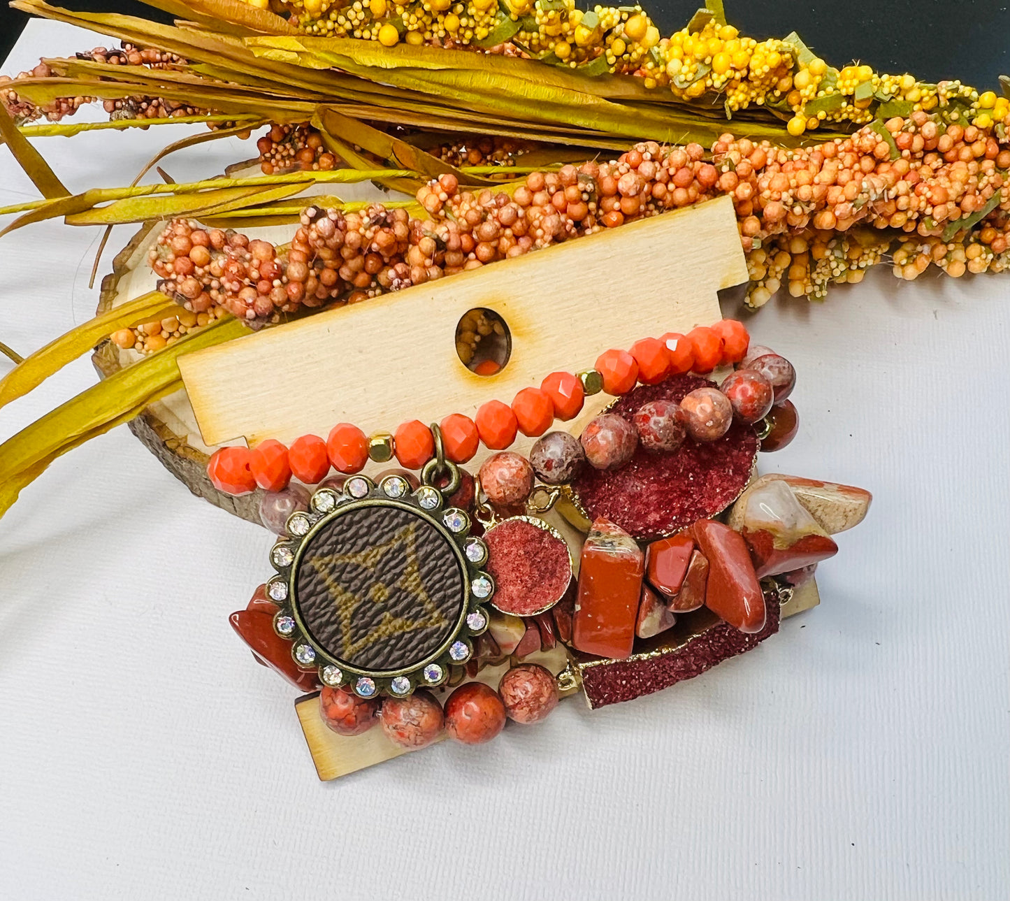 Red Upcycled LV Stretch Bracelet Set