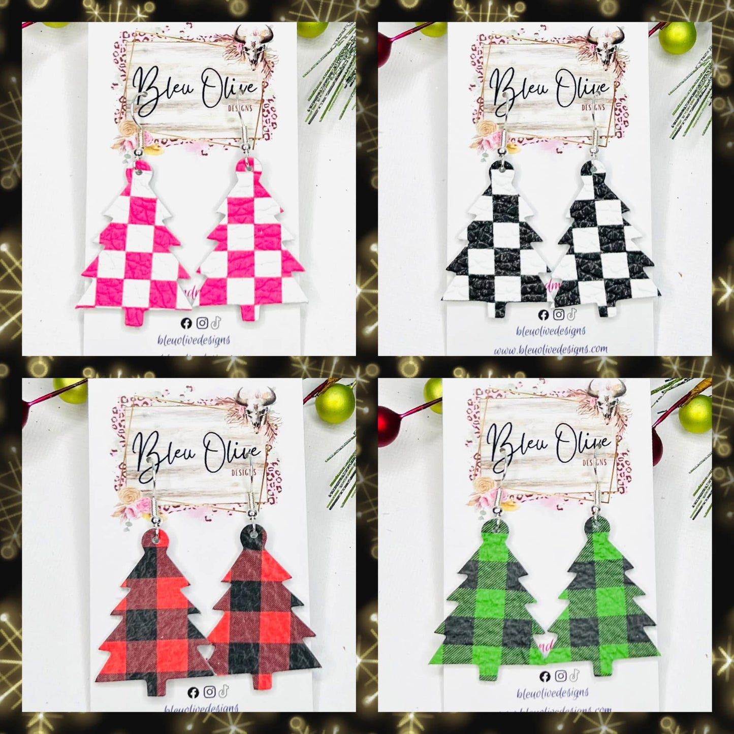 Checkerboard Oh Christmas Tree Leather Earrings