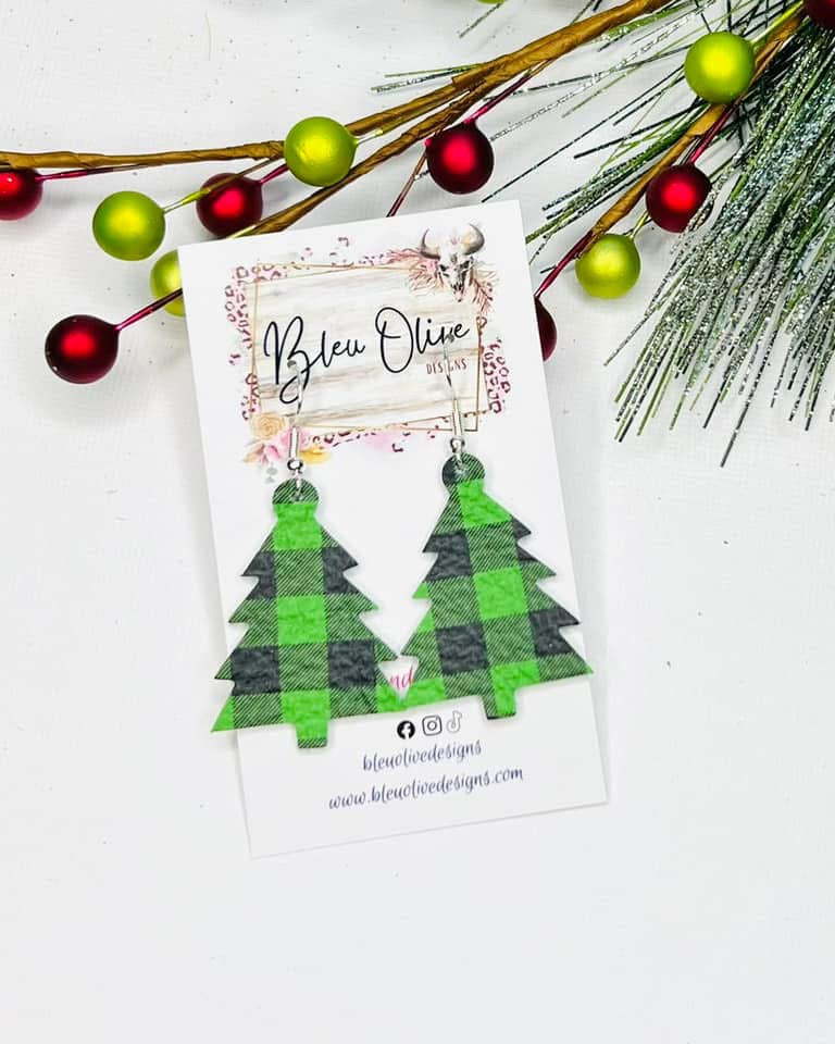 Checkerboard Oh Christmas Tree Leather Earrings
