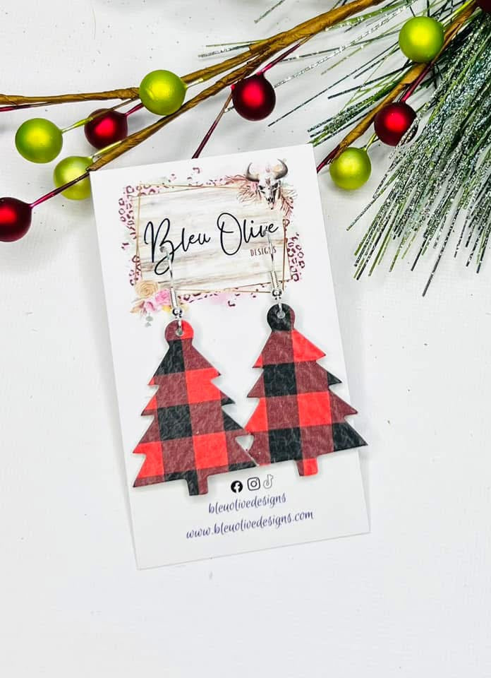 Checkerboard Oh Christmas Tree Leather Earrings