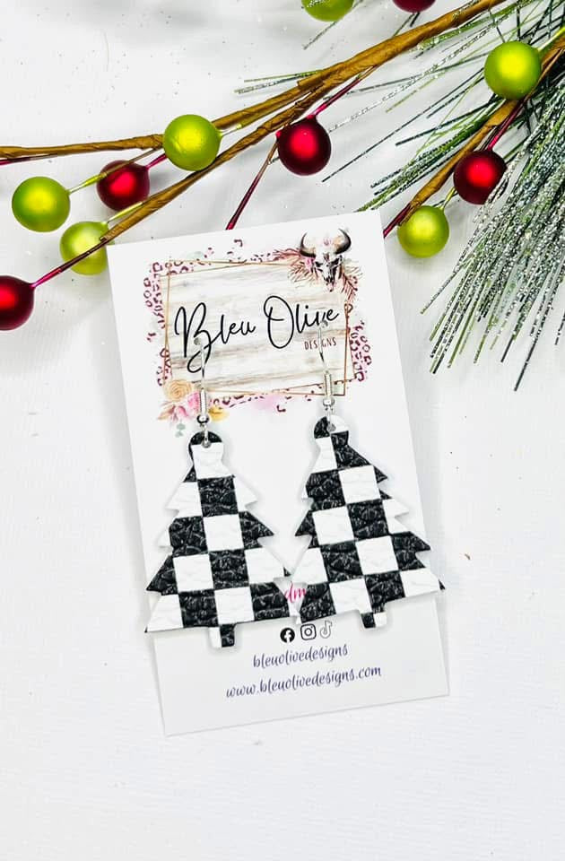 Checkerboard Oh Christmas Tree Leather Earrings