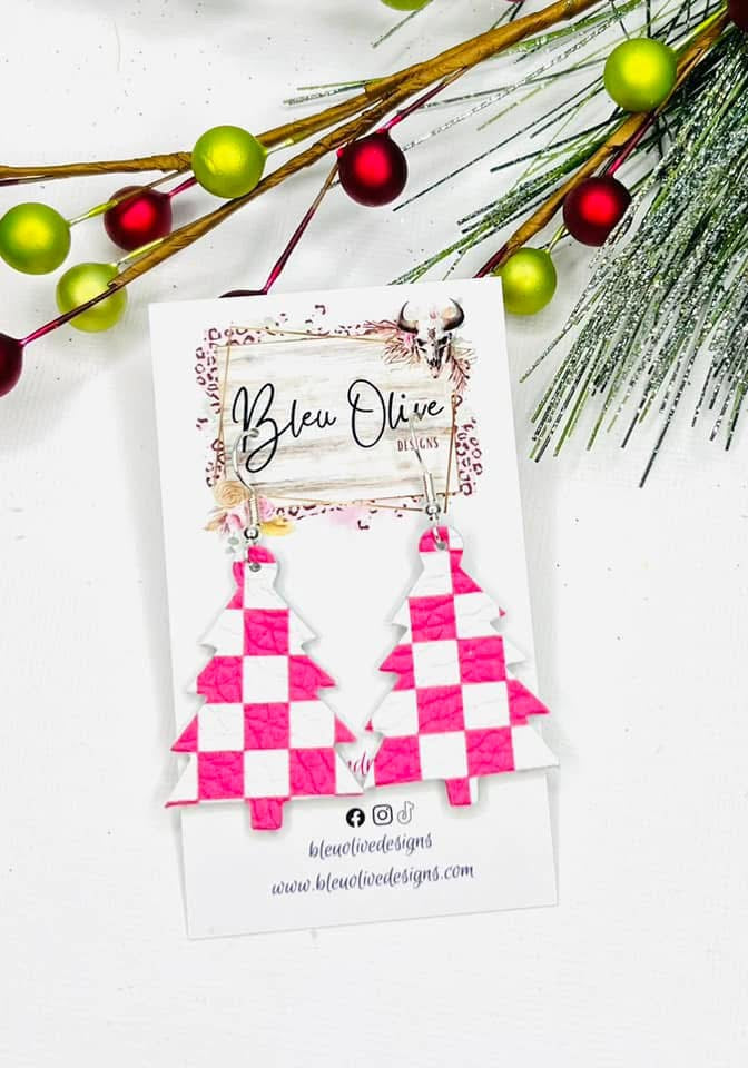 Checkerboard Oh Christmas Tree Leather Earrings