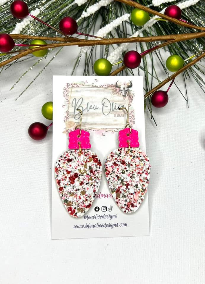 Shades of Pink Christmas Bulb Leather Earrings