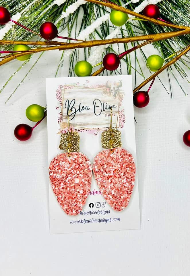 Shades of Pink Christmas Bulb Leather Earrings