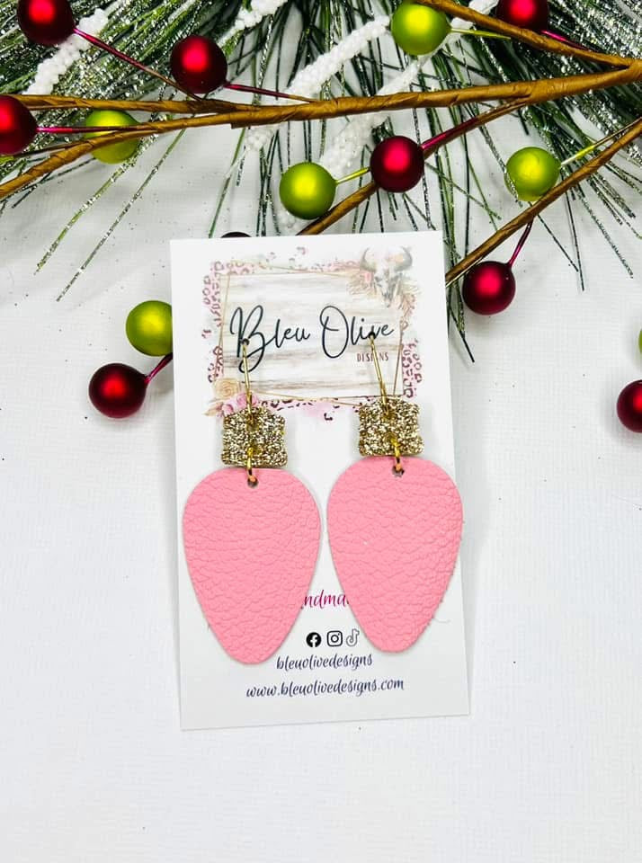 Shades of Pink Christmas Bulb Leather Earrings