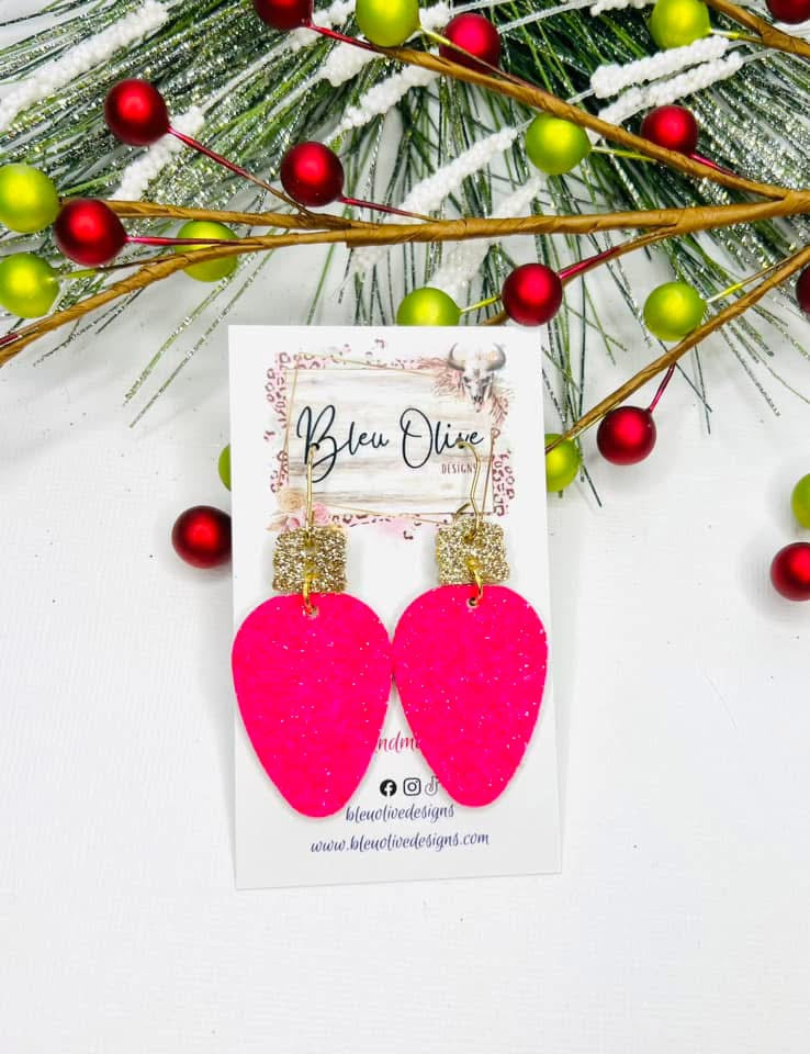 Shades of Pink Christmas Bulb Leather Earrings