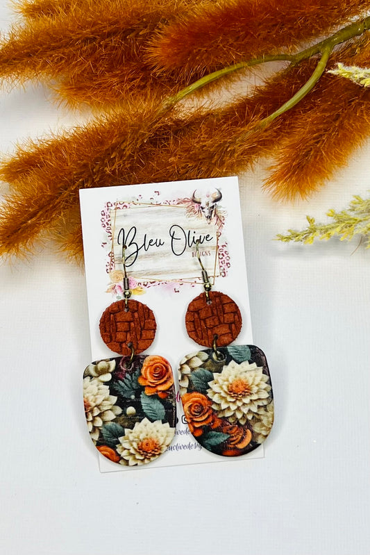 Rust Floral Boho Leather Earrings