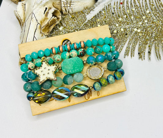 Green Star Crystal Stacker Stretch Bracelet Set
