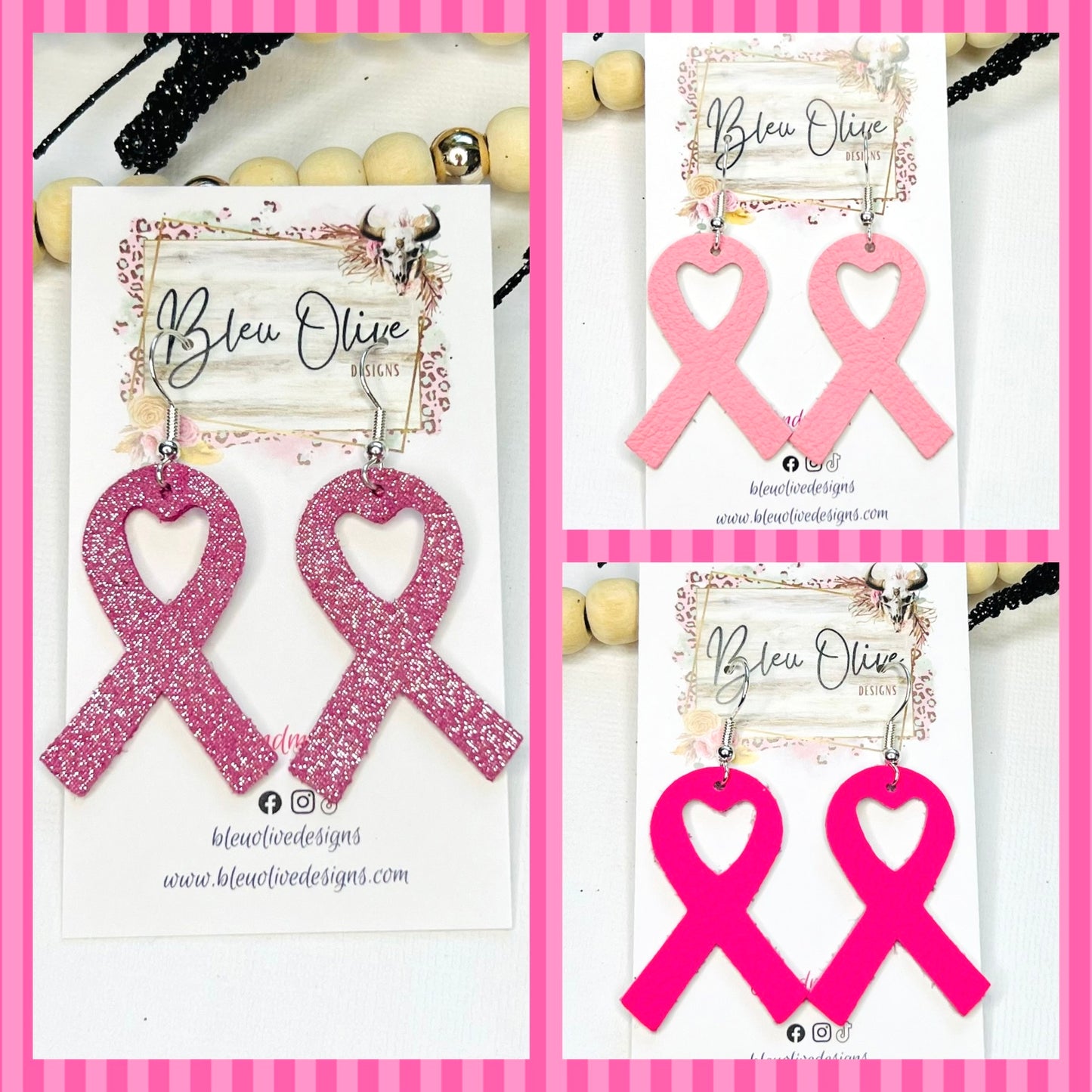 Pink Cancer Ribbon Leather Earrings 🎀