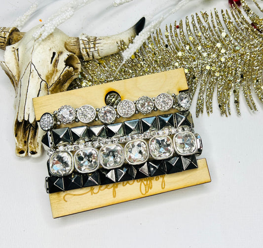 Graphite Crystal Stacker Stretch Bracelet Set