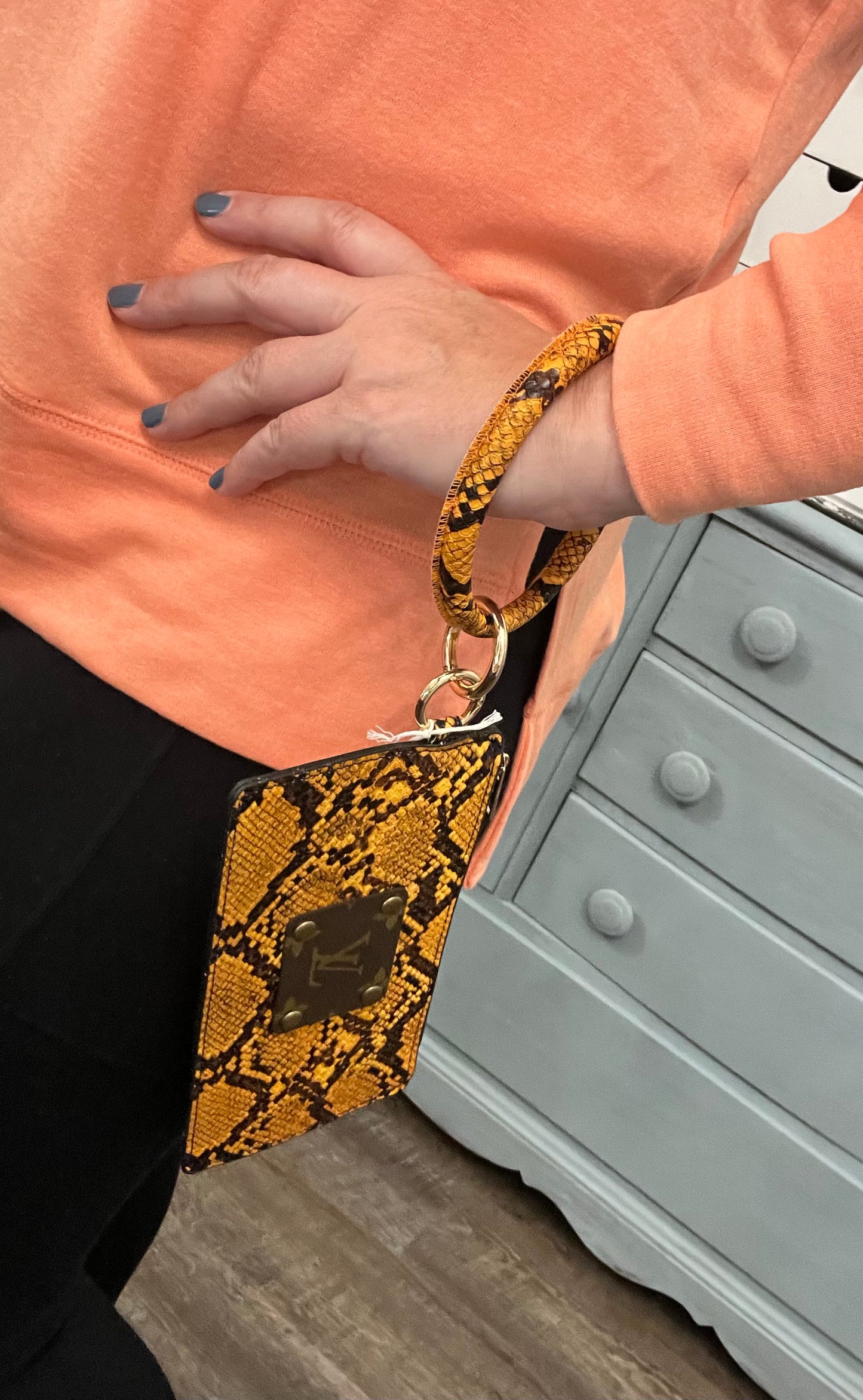 Vegan Mustard Snake Upcycled LV Wristlet