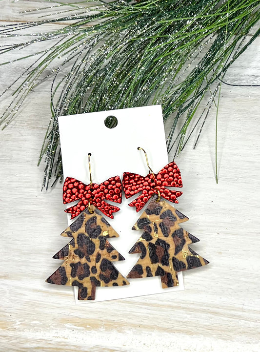 Glitz & Glam Leopard Christmas Tree Leather Earrings