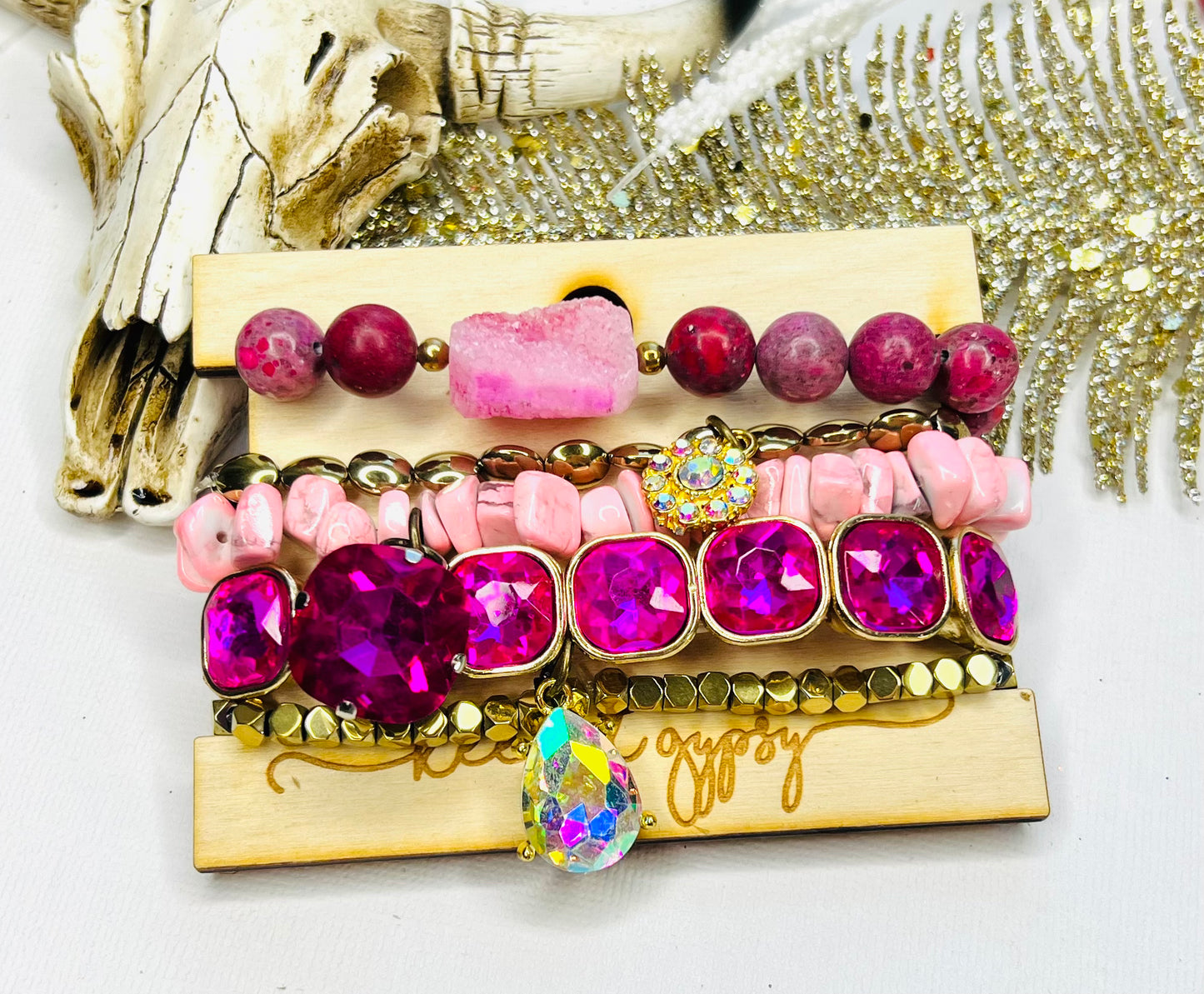 Pink & Gold Crystal Stacker Stretch Bracelet Set