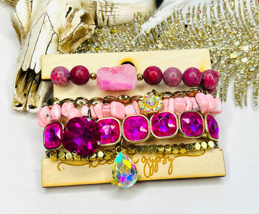 Pink & Gold Crystal Stacker Stretch Bracelet Set