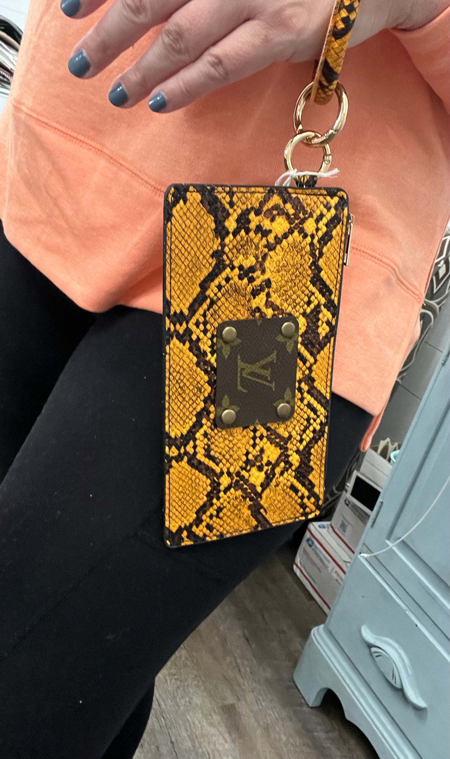 Vegan Mustard Snake Upcycled LV Wristlet