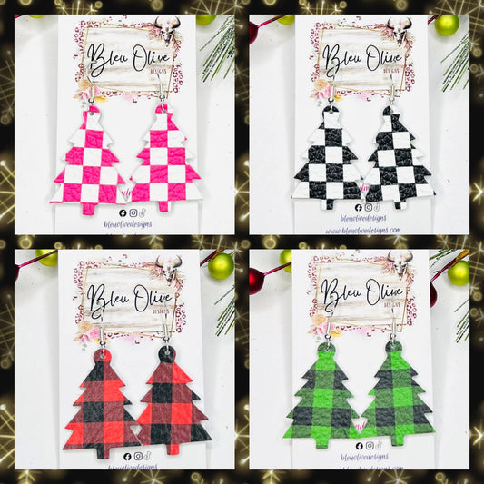 Checkerboard Oh Christmas Tree Leather Earrings