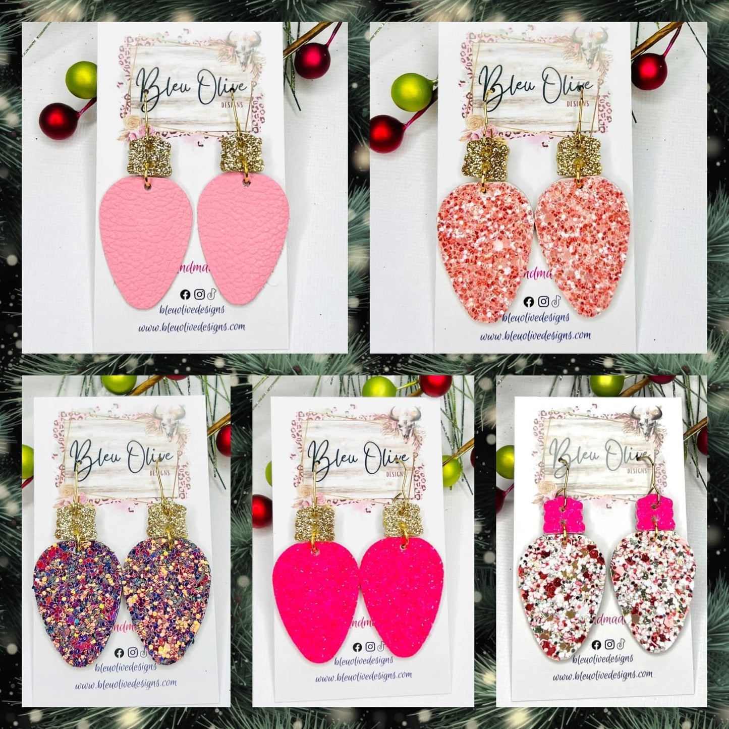 Shades of Pink Christmas Bulb Leather Earrings