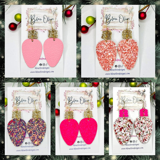 Shades of Pink Christmas Bulb Leather Earrings