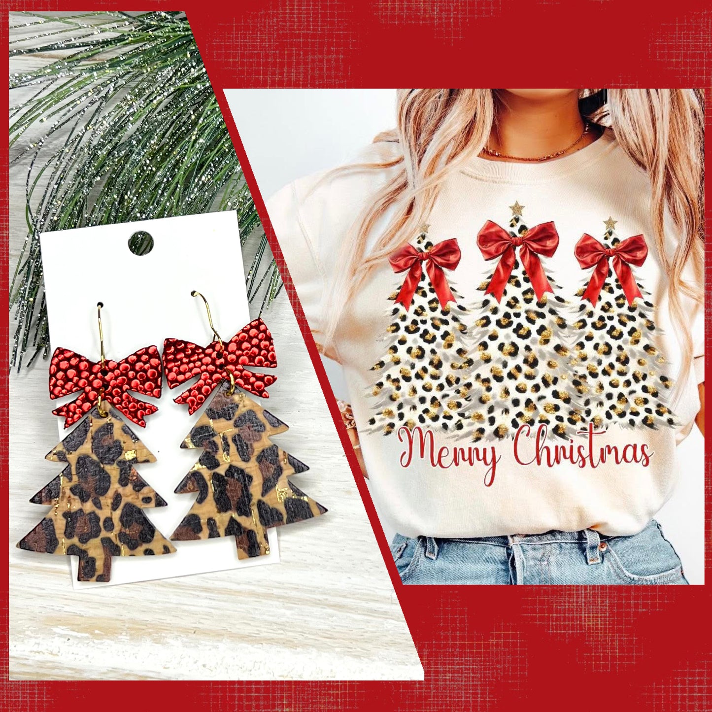 Glitz & Glam Leopard Christmas Tree Leather Earrings