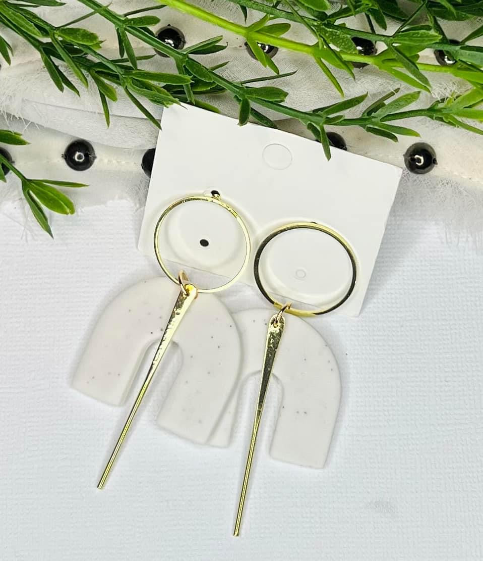 Boho Heathered White & Gold Arc Polymar Clay Earrings