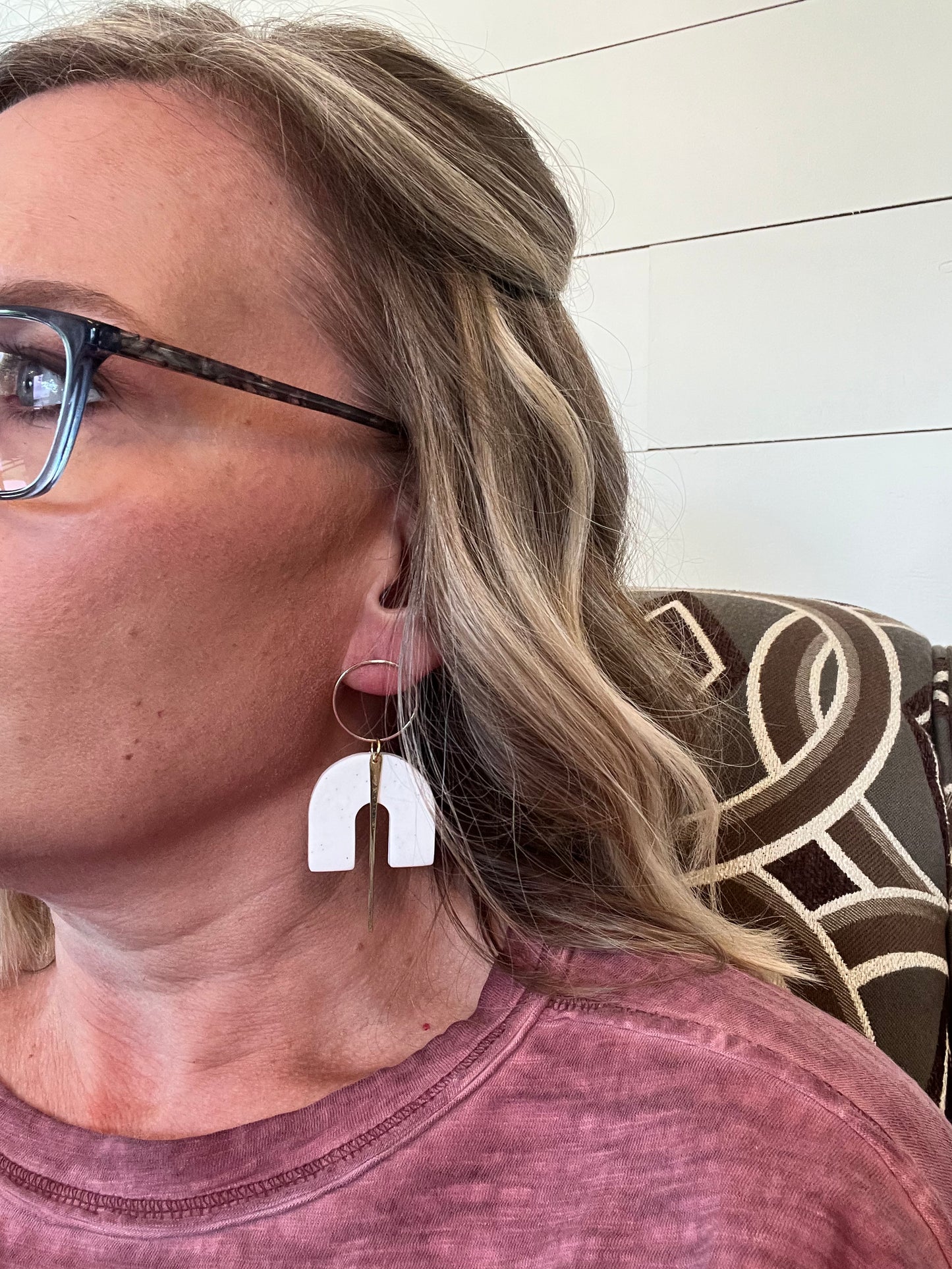 Boho Heathered White & Gold Arc Polymar Clay Earrings