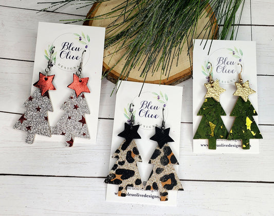 Christmas Tree Leather Earrings